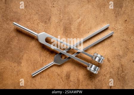Gewichtete und ungewichtete Stimmgabeln aus Metall, die zum Abstimmen von Musikinstrumenten, zur Klangtherapie, zur Chakra-Heilung oder Entspannung verwendet werden. Stockfoto