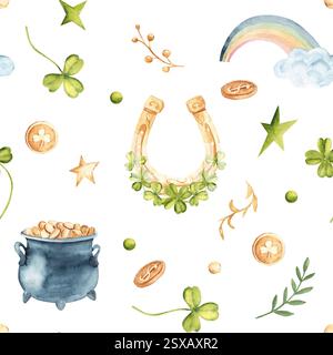 St. Patrick nahtloses Muster mit goldenem Hufeisen, Kessel mit Goldmünzen, Regenbogen und Klee. Handgezeichnete Aquarelldarstellung isoliert auf einem Stockfoto
