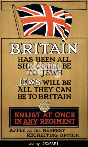 Das Rekrutierungsplakat, um jüdische Männer in die britische Armee einzubinden, Großbritannien war alles, was sie für Juden sein konnte. Juden werden alles sein, was sie in Großbritannien sein können. Melde dich sofort in jedes Regiment ein. Bewerben Sie sich beim nächstgelegenen Rekrutierungsbüro 1915 Poster mit der britischen Flagge und dem Magen David. Stockfoto