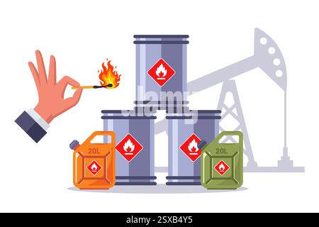 Chemisch toxische gefährliche Flüssigkeiten. Brennbares und explosives Öl. Kraftstoffbehälter. Gasbehälter. Kunststoffflasche. Metallschaft. Lagerung gefährlicher Flüssigkeiten. Flache Abbildung Stock Vektor