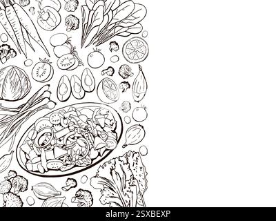 Handgezeichneter Gemüsesalat mit Draufsicht in der Schüssel, Hintergrund für Restaurant und Café. Banner mit Gemüse in der Schüssel, Vektor-Kritzelillustration in Skizze Stock Vektor
