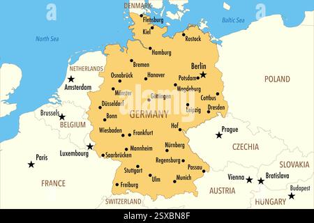 Karte von Deutschland mit Großstädten und Nachbarländern – Infografik Stockfoto