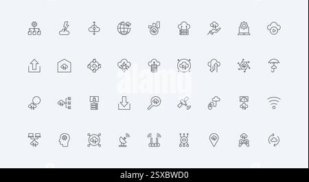 Infrastruktursystem und Plattform dünne schwarze Umrisssymbole Vektorillustration. Cloud-Services, digitale Datenspeicherung und -Verwaltung, Download und Upload, Synchronisierungslinien-Symbolsatz Stock Vektor
