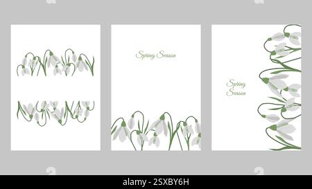 Poster oder Kartenset mit „Hello Spring“-Vorlage. Schneeglöckchen. Farbenfroher Hintergrund mit wunderschönen Blumen. Vektor-Illustration für Cover Design Marketingmaterial natürliche und organische Produkte. Stock Vektor