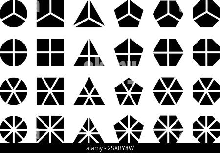 Set aus geometrischen runden, quadratischen und dreieckigen Formen, pentagon, Sechskant und Achteck, unterteilt in 3, 4, 6 und 8 gleiche Schichten. Einfache Diagramme, Vorlagen für Geschäftsdiagramme. Vektorgrafik. Stock Vektor