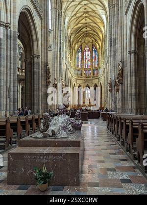Majestätische gotische Schönheit im Inneren des Veitsdoms, der Prager Burg – Geschichte, Kunst und glaube in einer atemberaubenden Aussicht. Stockfoto