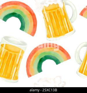 Ein lebhaftes und farbenfrohes Muster mit fröhlichen Bierkrügen und bezaubernden Regenbögen im Hintergrund. Nahtloses Aquarellmuster für den Druck auf Stoff und Papier. Stockfoto