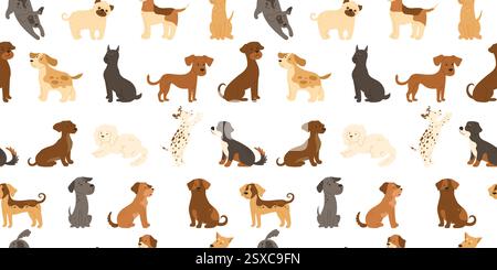 Niedliche Hunde – nahtloses Cartoon-Muster. Lustige kindliche Hunde verschiedener Rassen grenzenloser Hintergrund. Hündchen in verschiedenen Stellungen, die sitzend und stehend spielen, endlose Vorlagen. Pedigree PET Animals Vektor Stock Vektor