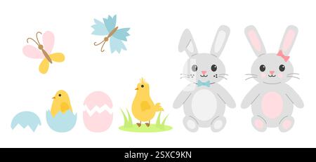 Flacher Cartoon mit Osterelementen, zwei graue Häschen, gelbe Küken, Schmetterlinge und zerbrochene Eier. Pastellfarben, süßes Urlaubs- und Frühlingsdesign für Dekoration und Clipart-Set Stock Vektor