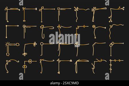 Eine Kollektion besteht aus 24 goldenen Eckteilern mit Farbverlauf und abstrakten, floralen und geometrischen Elementen. Eleganter Metallic-Effekt auf dunklem Hintergrund. Perfekt für Einladungen, Branding und dekorative digitale Designs Stock Vektor