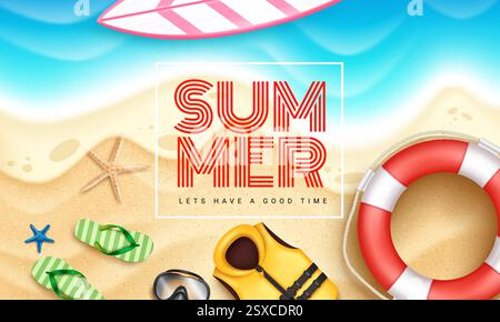 Sommer Strand Vektor Hintergrund Design. Typografie-Text im Sommer im Sandstrand mit lebendigen Elementen, Weste und Flip-Flops für den Urlaub im Freien Stock Vektor