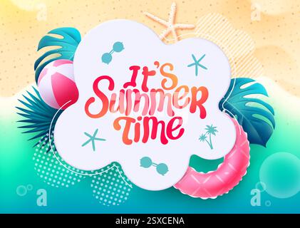 Sommer Strand Vektor Vorlage Design. Es ist Sommer Zeit Text in weißem Laub mit Blättern und tropischen Meereselementen für die Weihnachtszeit Stock Vektor