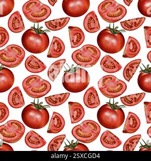 Nahtloses Aquarellmuster mit ganzen und geschnittenen Tomaten. Perfekt für Verpackungen, Textilien, Tapeten, Restaurant-Design und kulinarische Projekte. Stockfoto