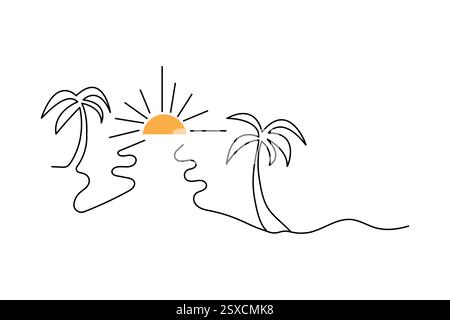 Sonnenuntergang eine Linie Zeichnung des minimalistischen Vektorsymbols mit schwarzem und weißem Hintergrund Stock Vektor