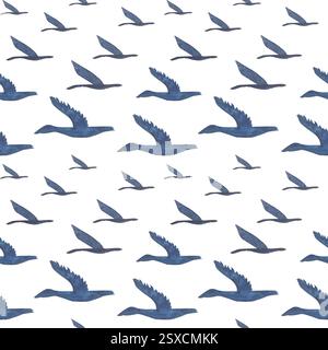 Fliegende Vögel, nahtloses Muster der Gees isoliert auf weiß. Hochwertiges handgezeichnetes Aquarell einfache flache Illustration für Landschaften, Scrapbooking Stockfoto