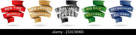 Fünf Bänder, Abzeichen und Etiketten in verschiedenen Farben für Benutzeroberflächendesigns, Drucklayouts, Collagen, Szenendecks und Werbekampagnen Stock Vektor
