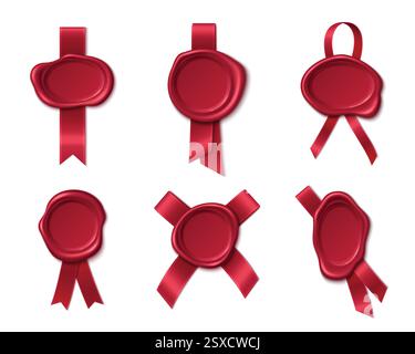 Rote Wachssiegel-Kollektion mit Satinbändern in verschiedenen Formen – vertikal, gekreuzt und geschlungen. Hochglanzstempel mit eleganten Zierstreifen für Zertifikate, Einladungen und hochwertiges Verpackungsdesign. Stock Vektor
