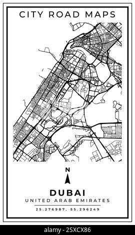 Schwarz-weiß druckbare Straßenkarte der Stadt Dubai Vereinigte Arabische Emirate Banner Poster Design mit Koordinatenposition Position, Vektorillustration Stock Vektor