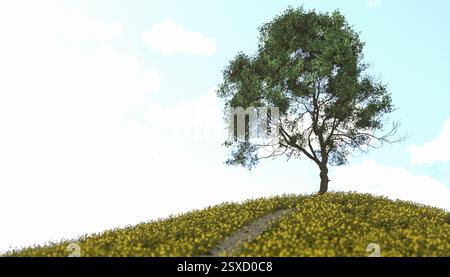 Einsamer Baum auf einem Hügel, bedeckt mit gelben Blumen, hellblauer Himmel, flauschige weiße Wolken, natürliche Schönheit, üppiges grünes Laub, ländliche Umgebung, pi Stockfoto