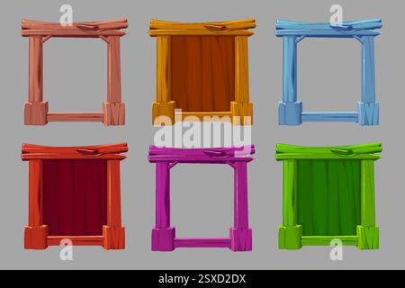 Holzrahmen. Vektorholzplatte, braune Planke und alte rustikale Baumpaneelrahmen mit Holznägeln und Naturseilen befestigt, isolierter Vintage-Rahmen Stock Vektor