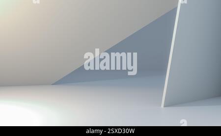Hintergrund mit geometrischen Formen in neutralen Farben, glatten Oberflächen, dezenter Beleuchtung, modernem Interieur, klaren Linien, ästhetischer Reiz, Sehschaden Stockfoto