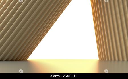 Abstrakter Hintergrund, geometrische Formen, modernes Design, minimalistischer Stil, beige und weiße Farben, vertikale Linien, symmetrische Komposition, futuristisch Stockfoto