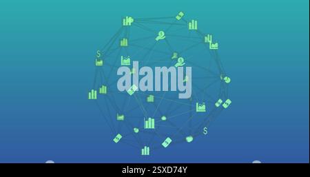 Bild eines globalen Netzwerks von Geschäftsionen, das sich über blauem Hintergrund dreht Stockfoto