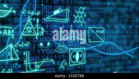 Abbildung von dna-Strängen und wissenschaftlicher Datenverarbeitung über Binärcodierung Stockfoto