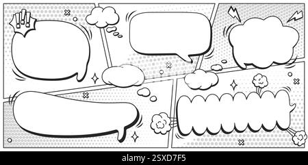 Pack mit Schwarzweiß-Sprechblasen ohne Text und Halbtonelemente mit groovigem Formmuster. Vektorfarben Comic Illustrationen. Stock Vektor