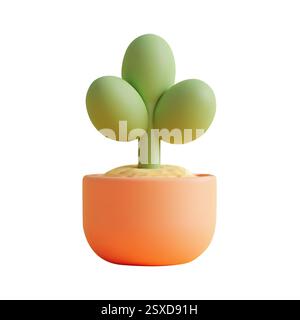 Realistische 3D-Zeichentrickanlage in einem orangen Topf mit einem matten Finish auf einer einfachen weißen Hintergrund Vektor-Illustration Stock Vektor