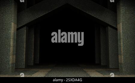 Schwach beleuchteter Durchgang mit rauen Oberflächen, symmetrischen Säulen, dunklem Innenraum, architektonischen Elementen, schattiger Umgebung, abstraktes Design, geheimnisvoll Stockfoto