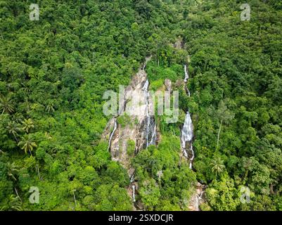 Wasserfall, der von dichten tropischen Grünflächen und Palmen umgeben ist. Na Mueang Wasserfall. Koh Samui, Thailand. Stockfoto