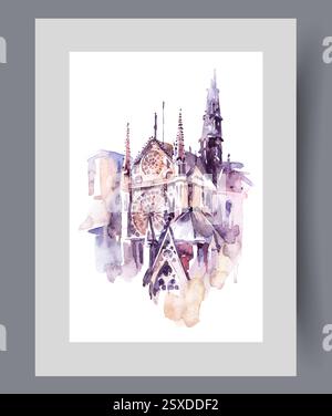 Katholische Kathedrale Notre Dame de Paris in der Hauptstadt Frankreichs auf Poster. Aquarellgrafik Stock Vektor