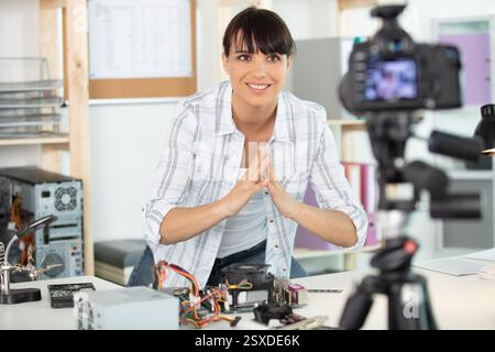 Frau, die eine Smartphone-Kamera benutzt, um Online-Tutoria zu streamen Stockfoto
