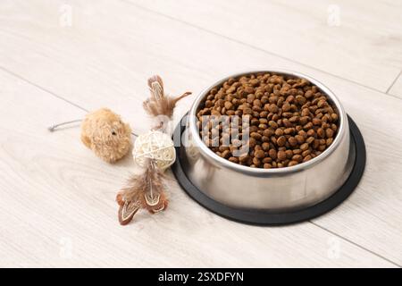 Trockenfutter-Granulat in Futterschüssel und Katzenspielzeug auf dem Boden im Innenbereich Stockfoto
