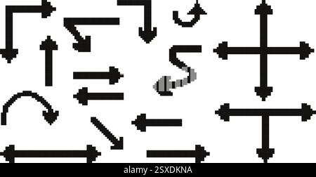 Pixelbild Schwarze Richtungspfeile. Einfache Schilderanweisungen nach hinten gekrümmt, Zickzack. Illustration des isolierten Vektors im Retro-8-Bit-Stil. Konzept Stock Vektor
