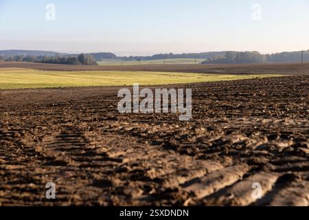 Spuren von Automobilrädern auf dem Boden des Feldes, Spuren von Traktoren und anderen landwirtschaftlichen Maschinen auf dem Boden auf dem Feld Stockfoto