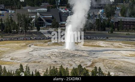 Der alte Faithul Geysir bricht aus, im unteren Geysir-Becken des Yellowstone-Nationalparks, vom Aussichtspunkt aus gesehen Stockfoto