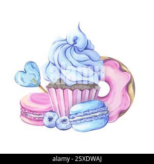 Cupcake, Donut und Macarons: Handgemalte Aquarellkomposition in Blau- und Pink-Tönen Stockfoto