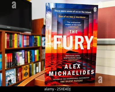 Lviv, Ukraine - 20. Februar 2025: Cover von „The Fury“ von Alex Michaelides mit einem Bücherregal im Hintergrund Stockfoto