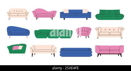 Cartoon-Sofas. Gemütliches Sofa Couch Icons, moderne Möbel, komfortabler Wohnzimmerdivan mit Polstern, flaches dekoratives möbliertes Haus Stock Vektor