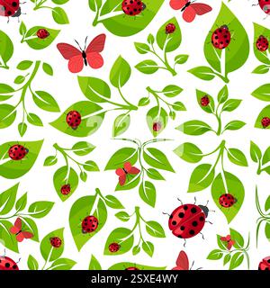 Bunte Vektor-Illustration von Marienkäfern und Schmetterlingen auf grünem Laub, die die Schönheit und Lebendigkeit der Natur in einem nahtlosen Muster zeigt Stock Vektor