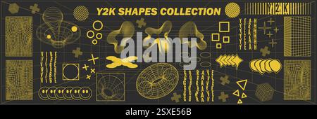 Abstrakte Geometrie hud Drahtmodellformen und -Muster, Cyberpunk-Elemente, Symbole und perspektivische Gitter sowie surreale geometrische Zeichen. Raves psychedelisches Futu Stock Vektor