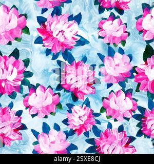 Nahtloses Muster der abstrakten Malerei rosa Blumen, Original handgezeichnet, Impressionismus Stil, Farbtextur, Pinselstriche von Farbe, Kunsthintergrund. Stockfoto