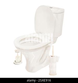 Toilette aus weißem Porzellan mit erhöhtem Deckel. Toilettenbürste und Toilettenpapierrollen auf dem Stand. Digitale Illustration mit Aquarell. Hausreinigungswerkzeuge isoliert o Stockfoto