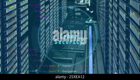 Abbildung: Schildsymbol und Datenverarbeitung über Computerservern Stockfoto