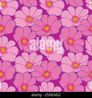Nahtloses großes Muster. Rosafarbene Kosmos-Blüten. Im Stil einer Illustration skizzieren Sie von Hand für Hintergrundbilder, Druck, Stoff, Textilien. Sommer Hintergrund Stock Vektor