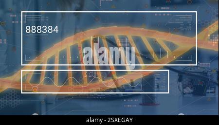 Bild des dna-Strangs und der Datenverarbeitung im Labor Stockfoto