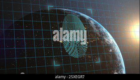 Abbildung: Biometrischer Fingerabdruck und Verbindung mit Vorhängeschlössern über Globus und dunklem Hintergrund Stockfoto