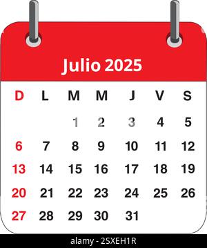 Julio 2025 Kalenderseite isoliert auf weißem Hintergrund (trad. Juli) Stock Vektor